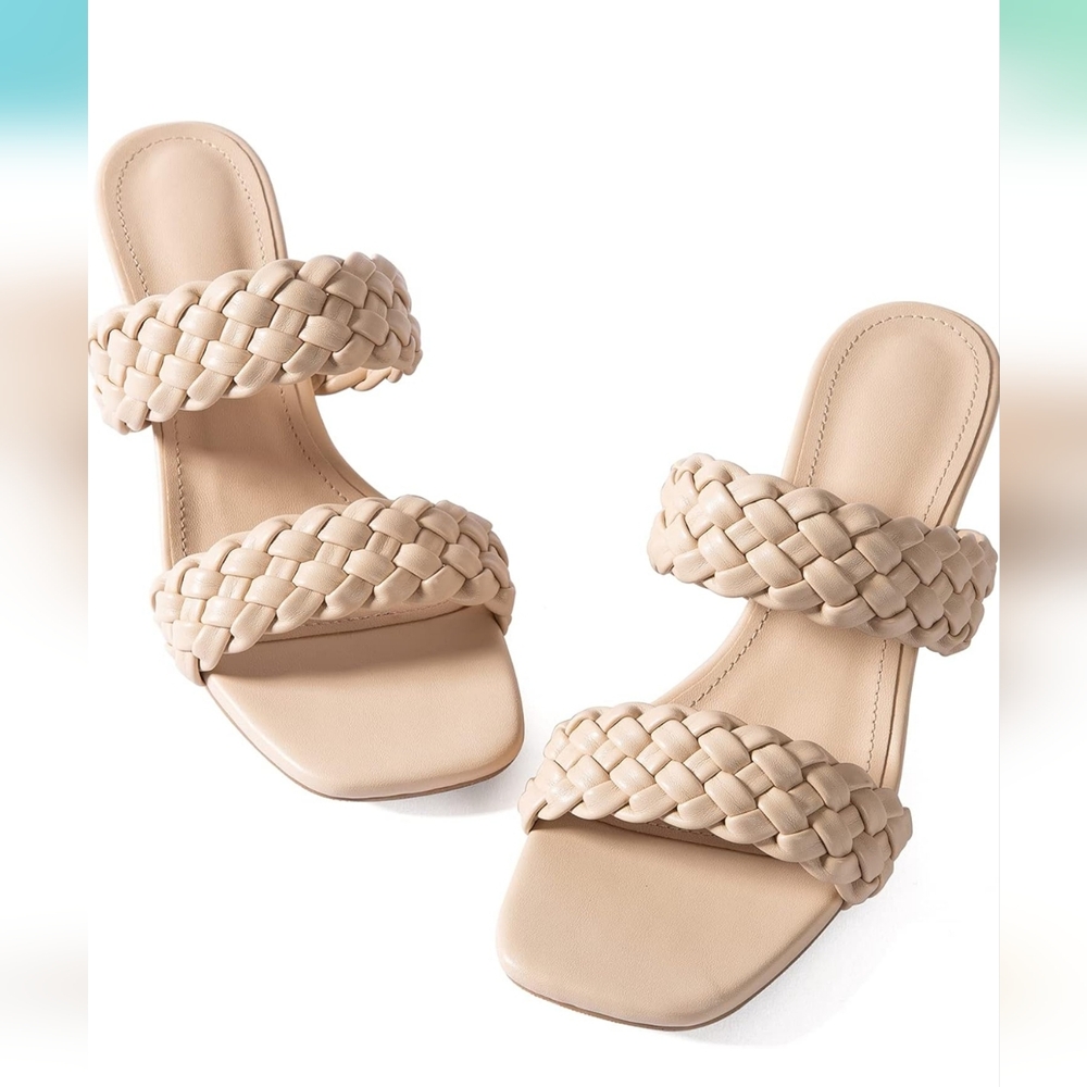 N.N.G Women Heels Sandals Braided Block Nude Summer Chunky Square Leather Sz 10